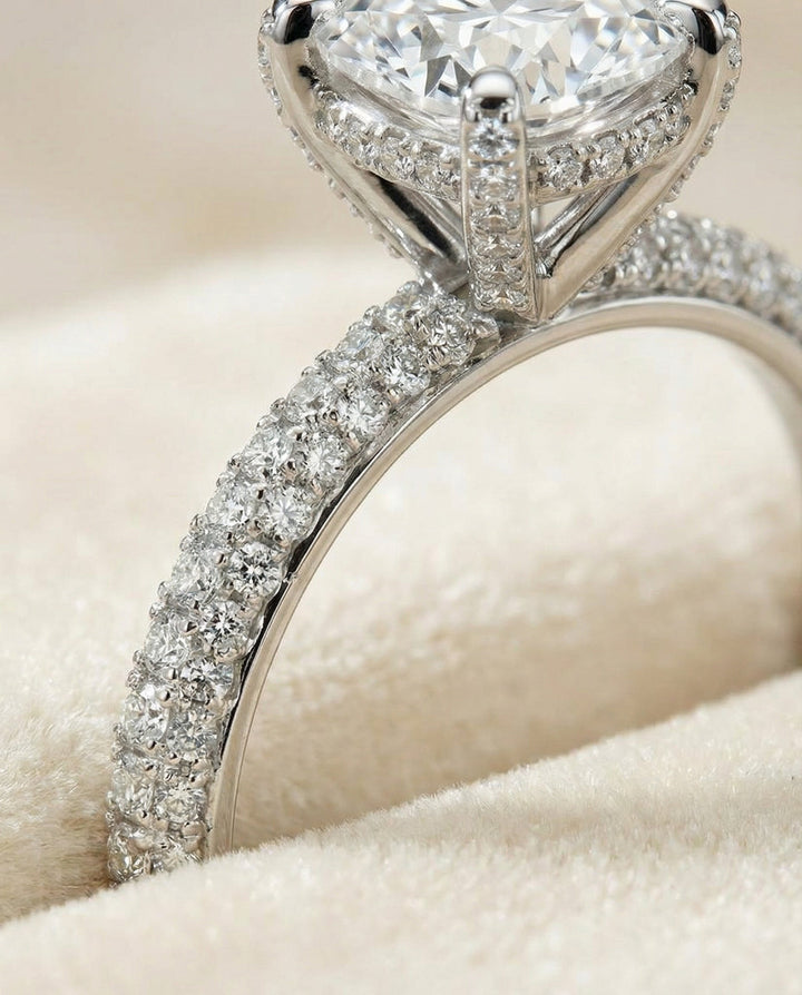 Tina Select diamond encrusted claw triple pavé cushion cushion ring in 14K White Gold — detail — RockHer