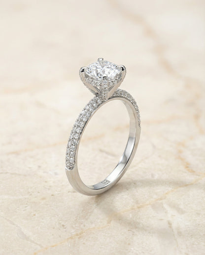 Tina Select diamond encrusted claw triple pavé cushion cushion ring in 14K White Gold — front — RockHer