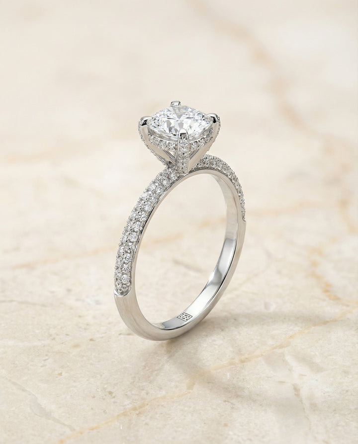 Tina Select diamond encrusted claw triple pavé cushion cushion ring in 14K White Gold — front — RockHer