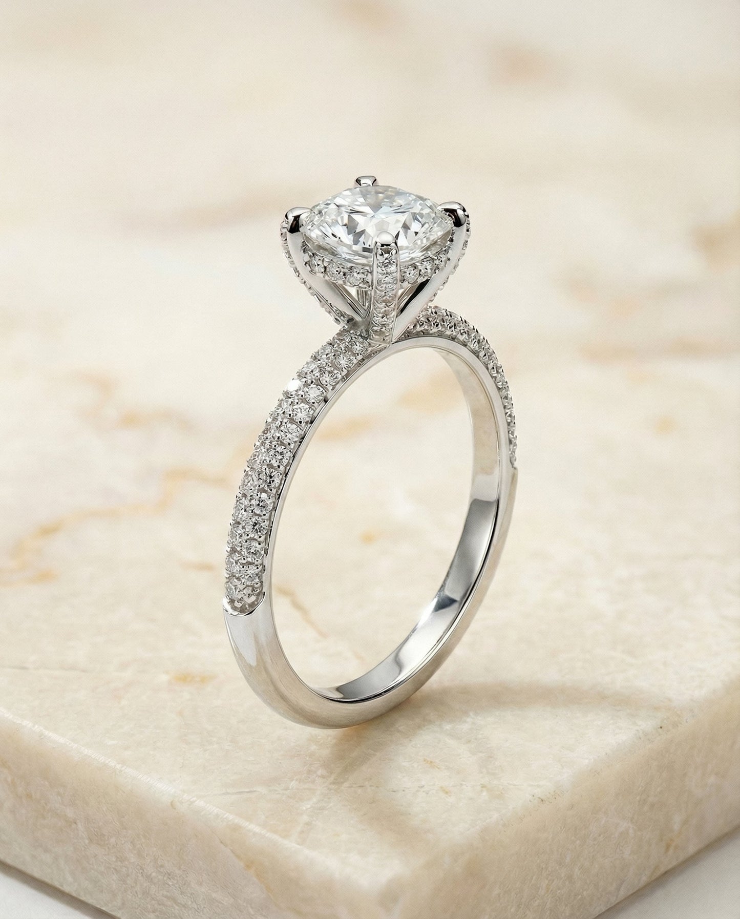 Tina Select diamond encrusted claw triple pavé cushion cushion ring in 14K White Gold — front — RockHer