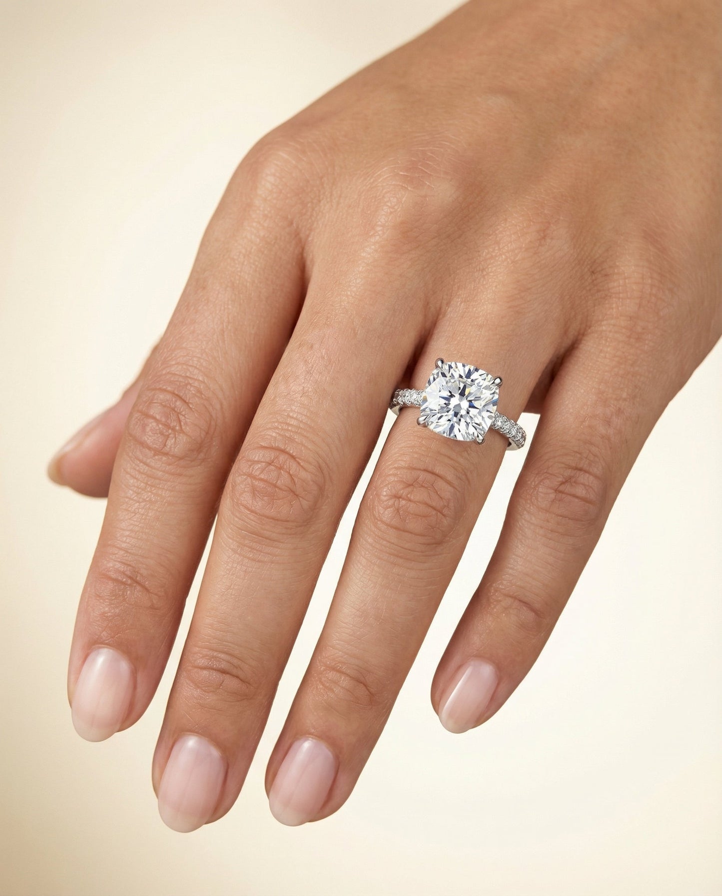 Tina Select diamond encrusted claw triple pavé cushion cushion ring in 14K White Gold — front — RockHer