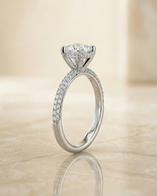 Tina Select diamond encrusted claw triple pavé cushion cushion ring in 14K White Gold — side — RockHer