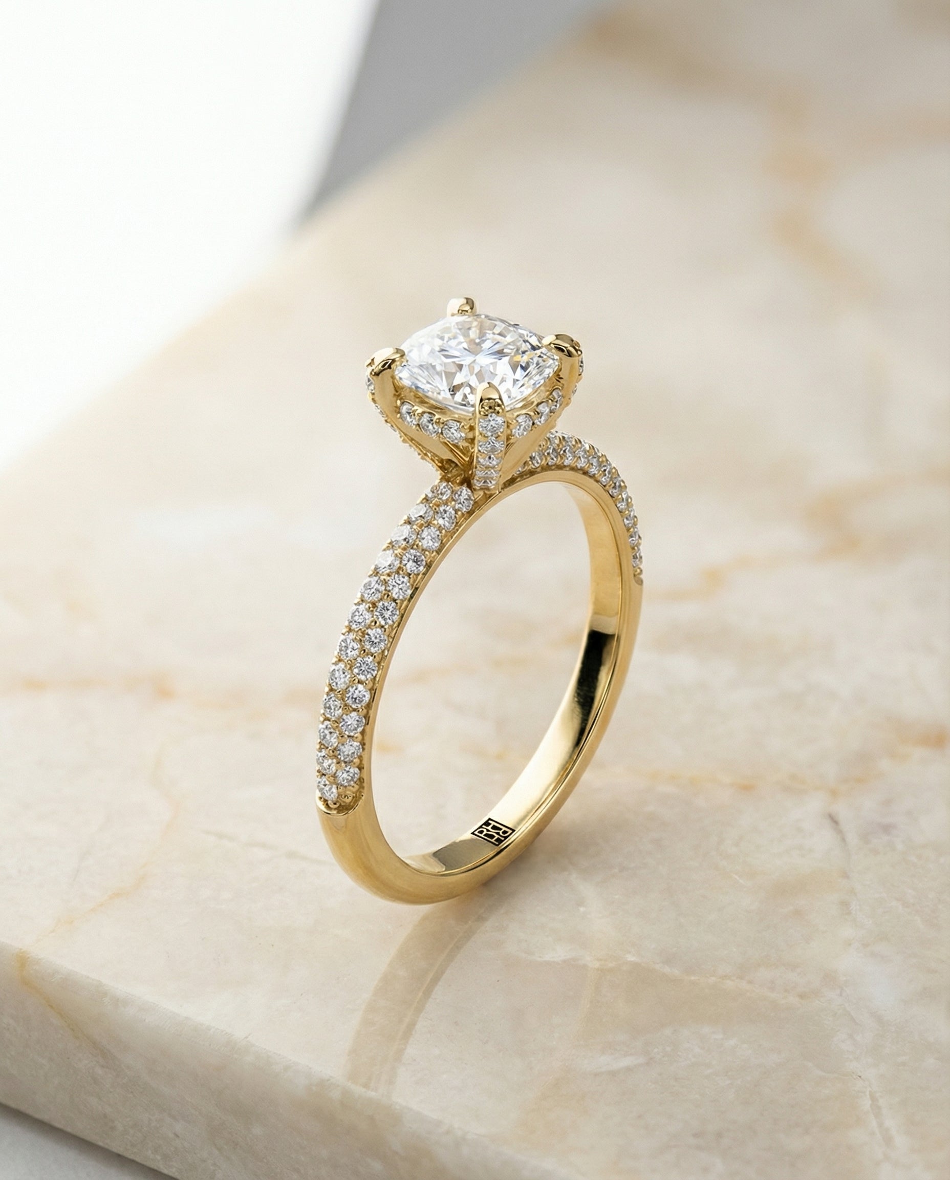 The Tina triple row pavé cut engagement ring setting, shown in 18K Yellow Gold | RockHer