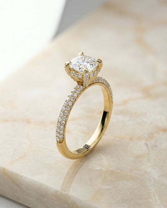 Tina Select diamond encrusted claw triple pavé cushion cushion ring in 14K Yellow Gold — front — RockHer