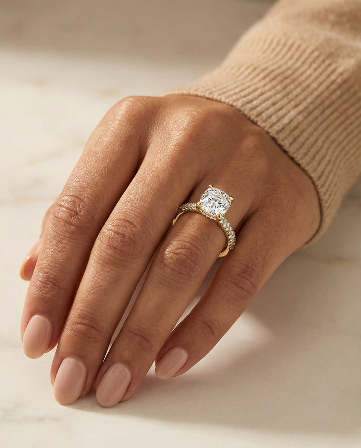 Tina Select Triple Row Pavé Cushion Cut Lab Diamond Engagement Ring in 18K Yellow Gold, shown on hand, angled | RockHer