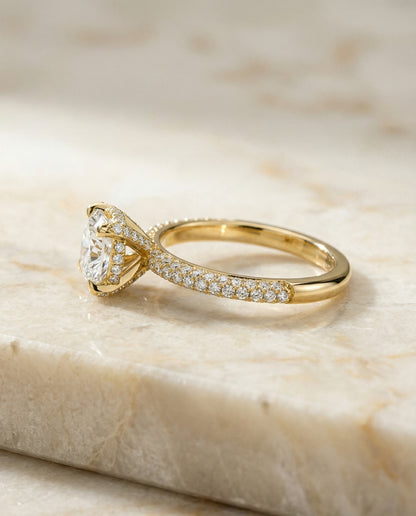 Diamond Encrusted Claw Triple Pavé Cushion, in 18K Yellow Gold – side profile | RockHer