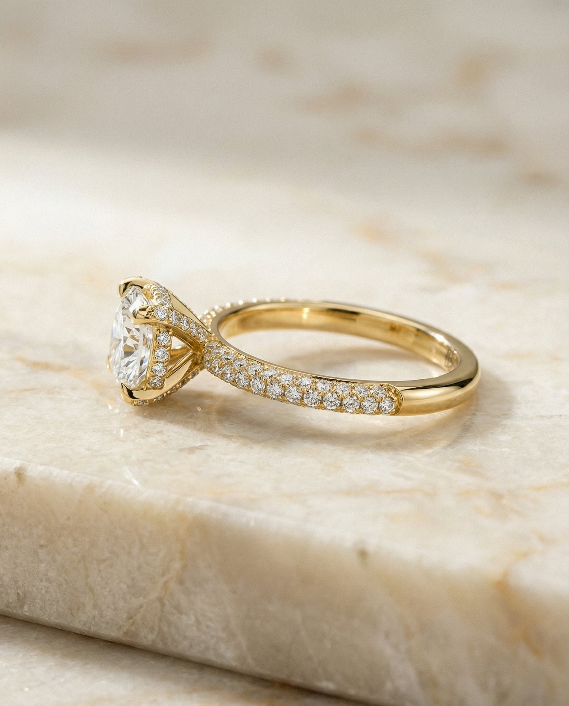 Tina Select Triple Row Pavé Cushion Cut Lab Diamond Engagement Ring in 18K Yellow Gold, side view | RockHer
