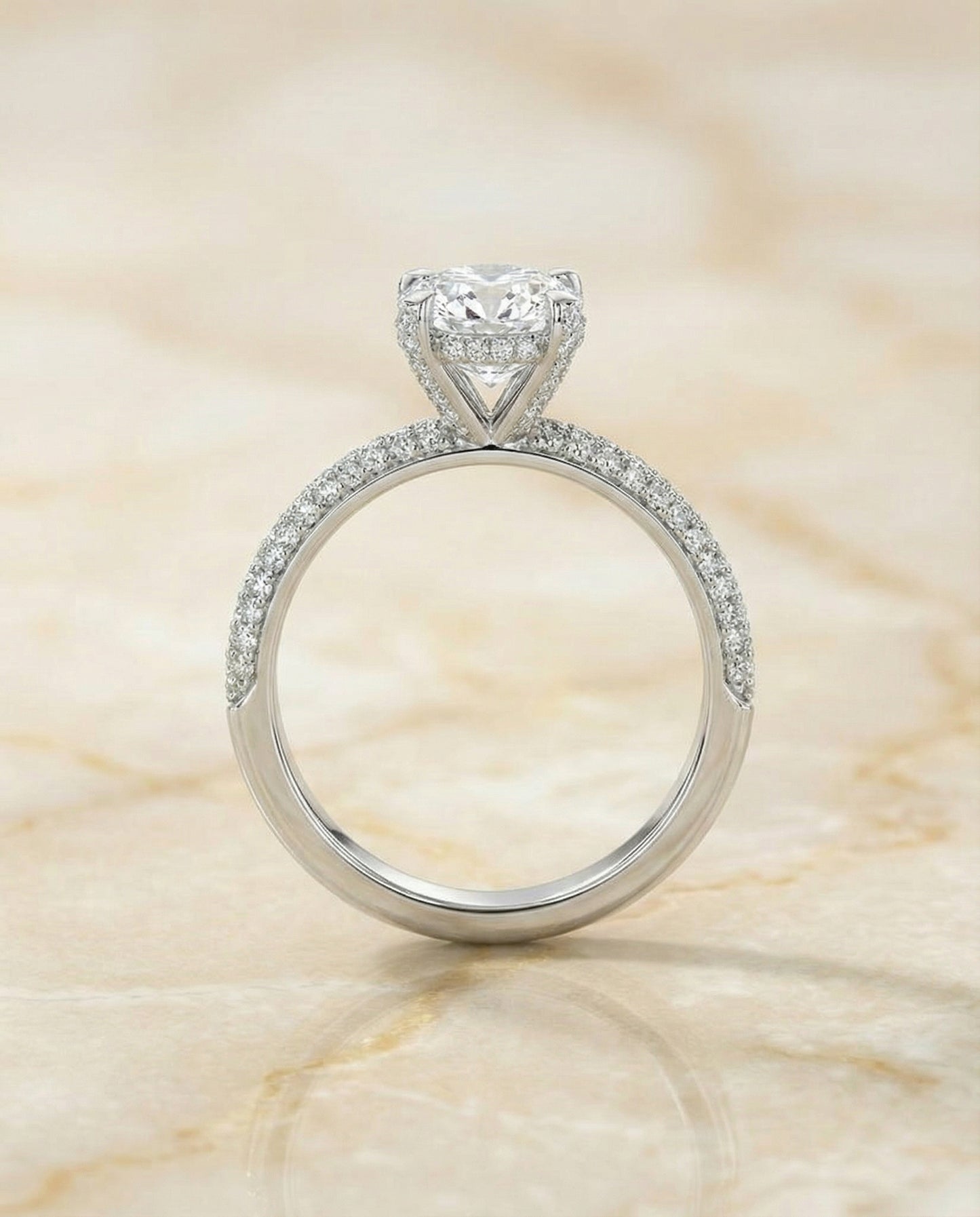 Diamond Encrusted Claw Triple Pavé Cushion, in 18K White Gold – angled view | RockHer