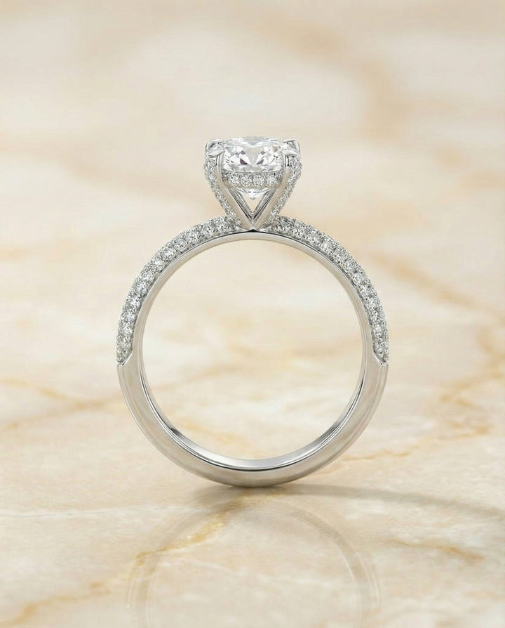 Diamond Encrusted Claw Triple Pavé Cushion, in 18K White Gold – angled view | RockHer