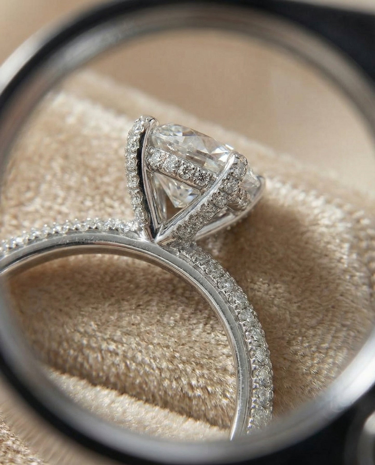 Diamond Encrusted Claw Triple Pavé Cushion, in Platinum – detail view | RockHer
