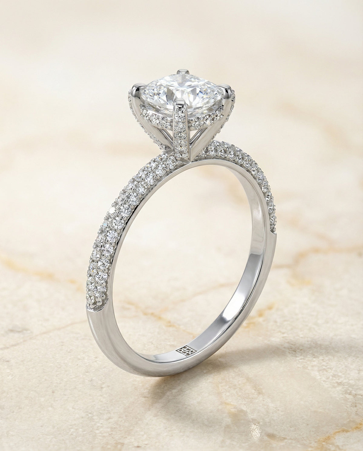 Tina Select Triple Row Pavé Cushion Cut Lab Diamond Engagement Ring in 18K White Gold, front view | RockHer