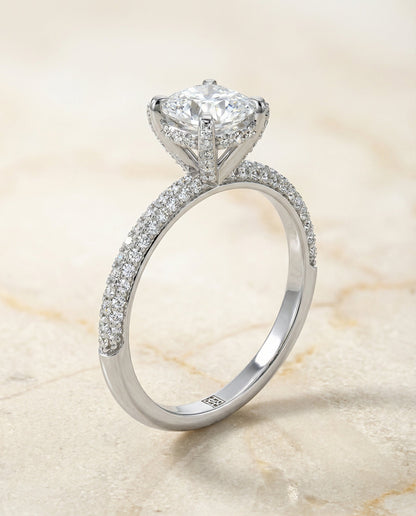 Tina Select diamond encrusted claw triple pavé cushion cushion ring in Platinum — front — RockHer