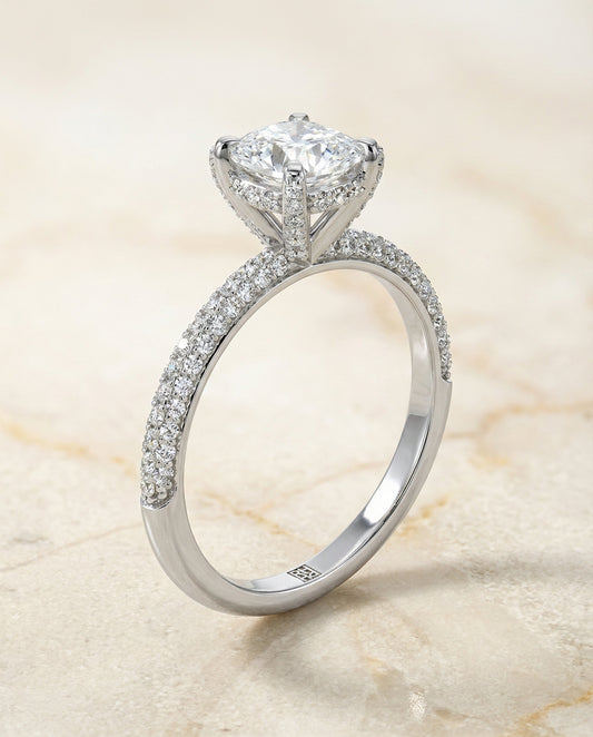 Tina Select diamond encrusted claw triple pavé cushion cushion ring in Platinum — front — RockHer