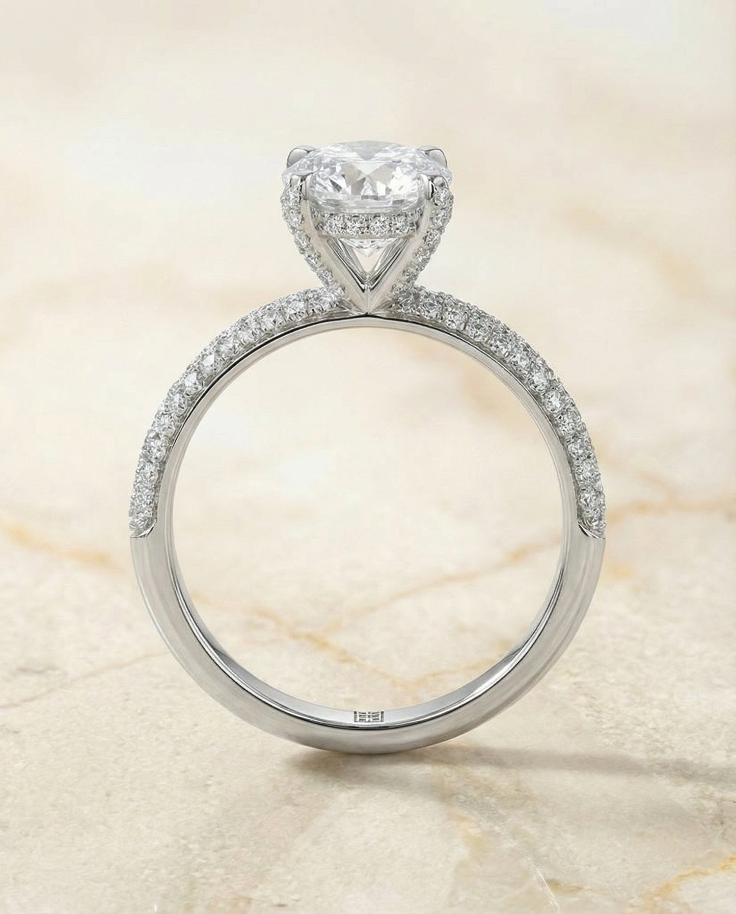 Diamond Encrusted Claw Triple Pavé Cushion, in 18K White Gold – side profile | RockHer