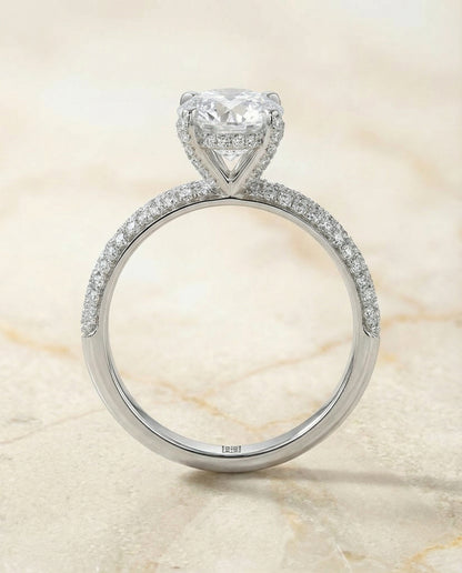 Diamond Encrusted Claw Triple Pavé Cushion, in 18K White Gold – side profile | RockHer