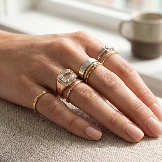 Women's Diamond Frame lab-grown diamond letter signet ring in 14K Rose Gold, letter C, worn on hand