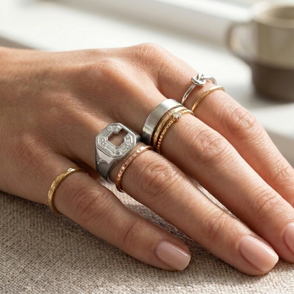 Women's Diamond Frame lab-grown diamond letter signet ring in 14K White Gold, letter C, worn on hand