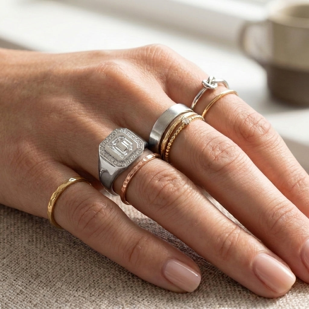 Women's Diamond Frame lab-grown diamond letter signet ring in Platinum, letter D, worn on hand