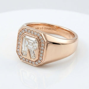 Women's Diamond Frame lab-grown diamond letter signet ring in 14K Rose Gold, letter R, product photography