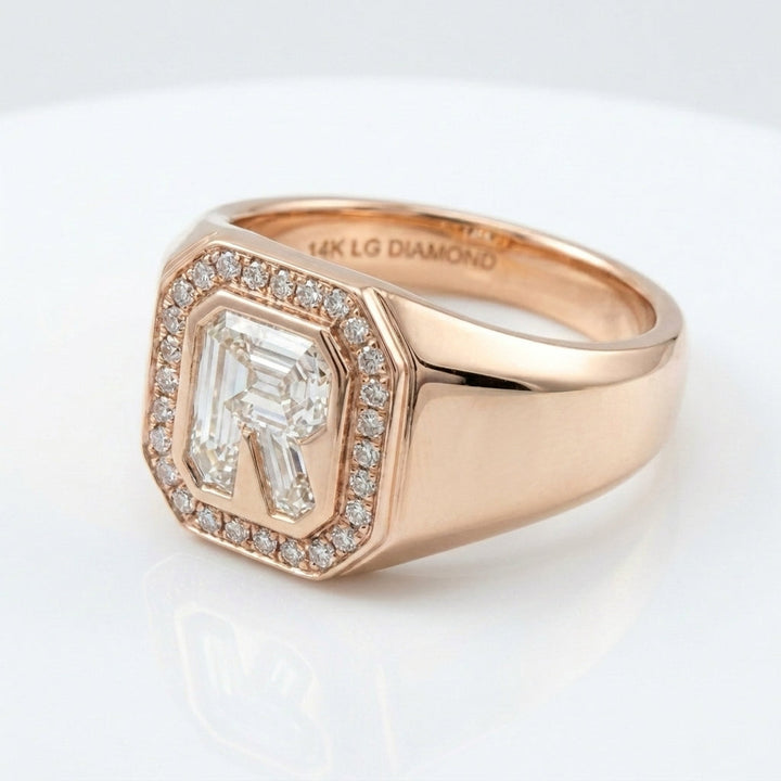Women's Diamond Frame lab-grown diamond letter signet ring in 14K Rose Gold, letter R, product photography