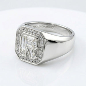 Women's Diamond Frame lab-grown diamond letter signet ring in 14K White Gold, letter R, product photography