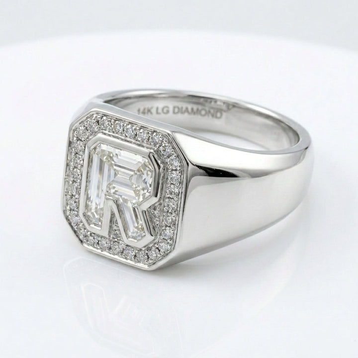 Women's Diamond Frame lab-grown diamond letter signet ring in 14K White Gold, letter R, product photography