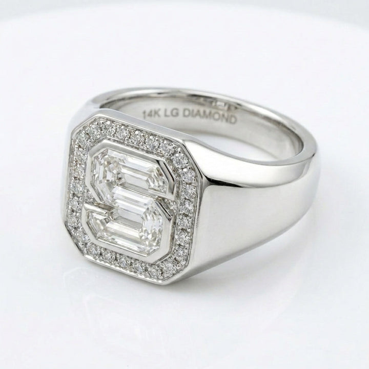 Women's Diamond Frame lab-grown diamond letter signet ring in Platinum, letter S, product photography