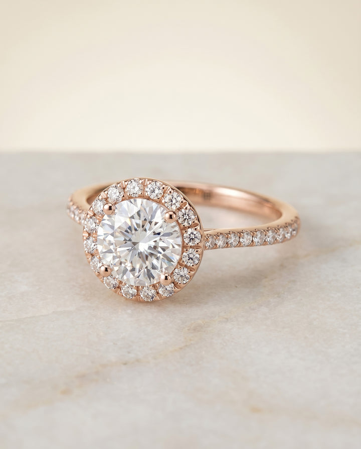 Round Brilliant, Diamond Pavé Halo, in 14K Rose Gold, pave setting – angled view | RockHer