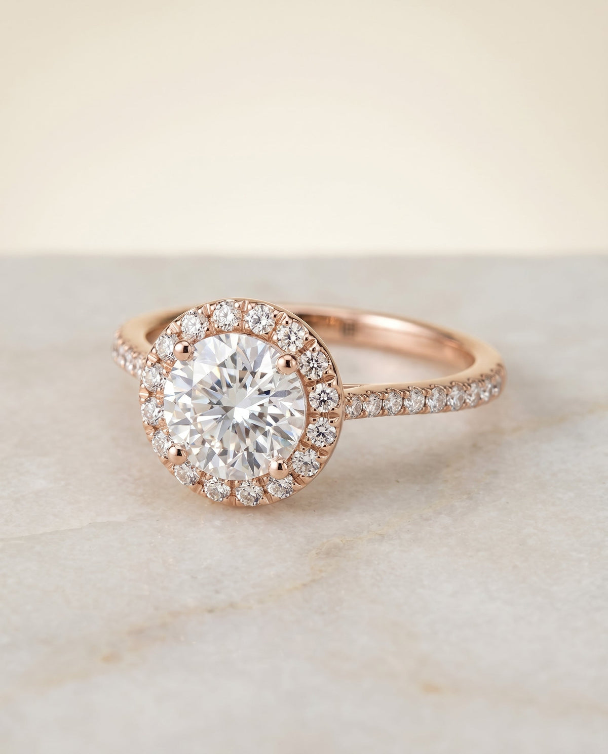 Dionne Select Diamond Pavé Halo Round Lab Diamond Engagement Ring in 14K Rose Gold, alternate angle | RockHer