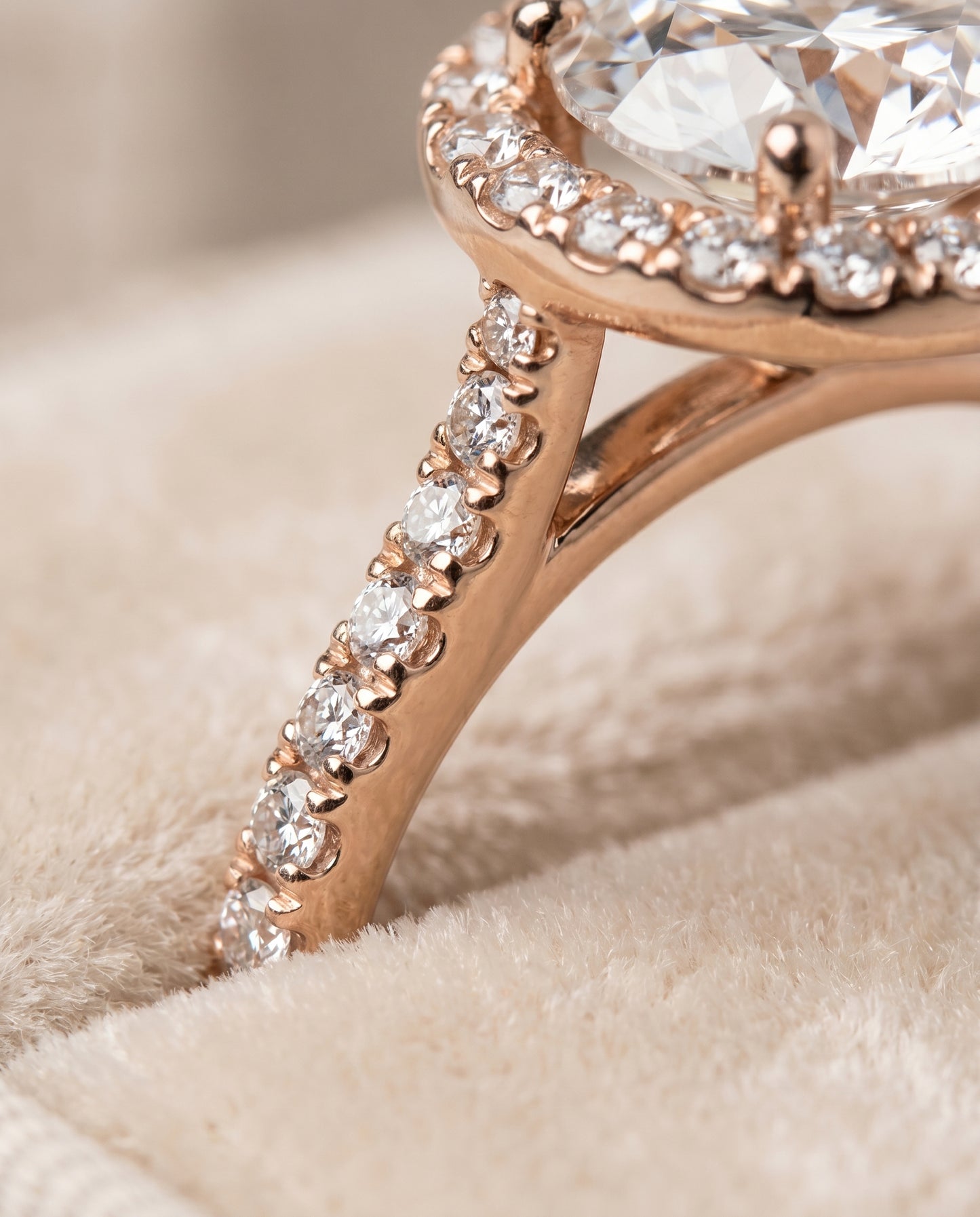 Round Brilliant, Diamond Pavé Halo, in 14K Rose Gold, pave setting – detail view | RockHer