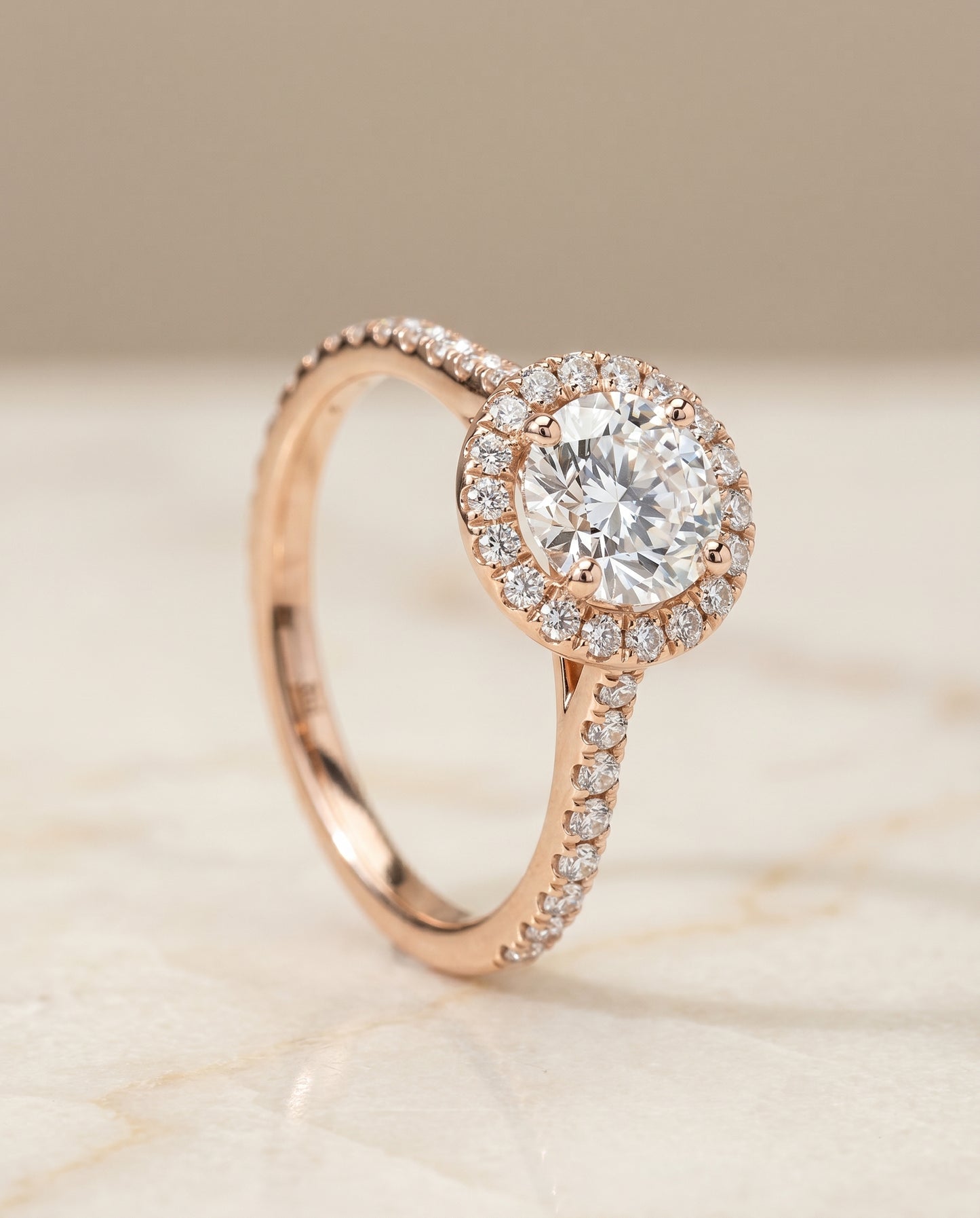 Round Brilliant, Diamond Pavé Halo, in 14K Rose Gold, pave setting – front view | RockHer