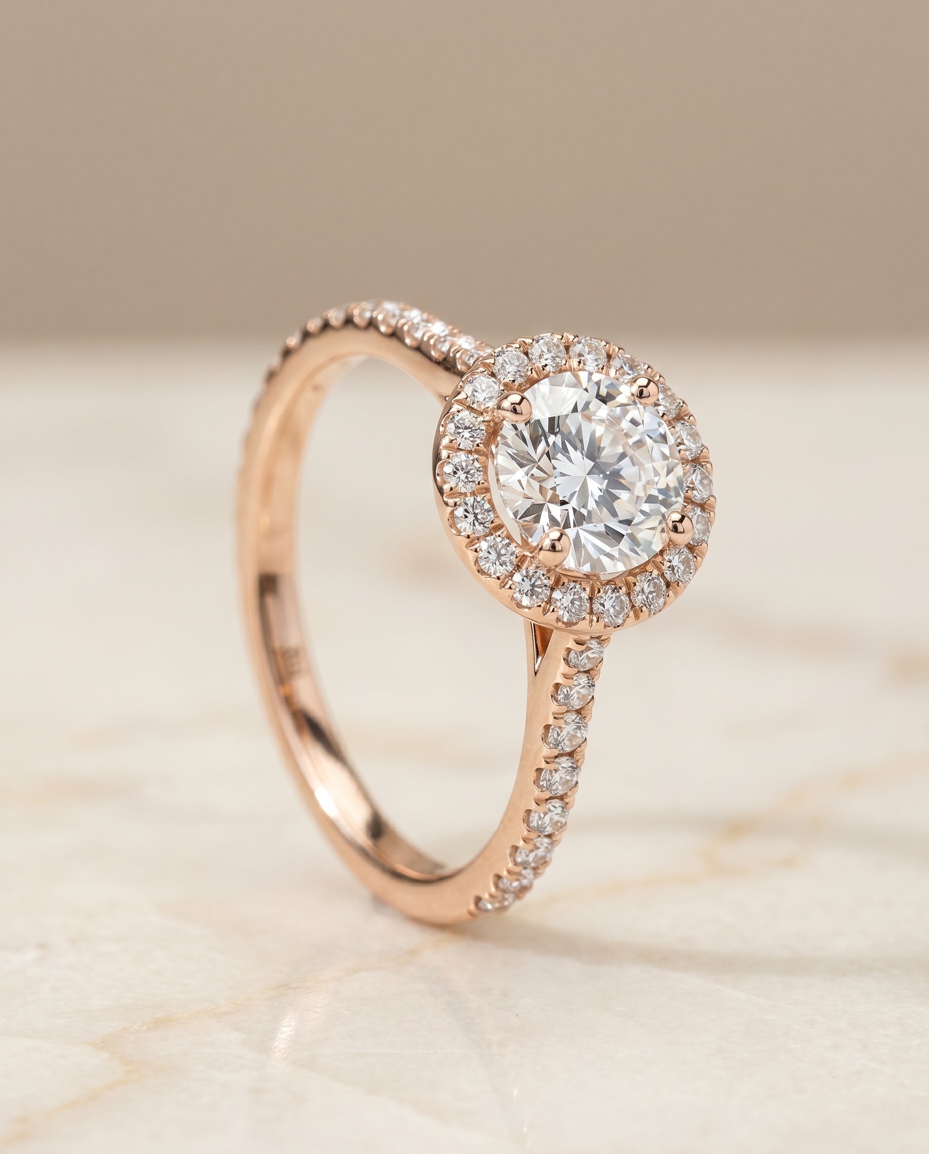 Diamond Pavé Halo styling on The Dionne round engagement ring setting | RockHer