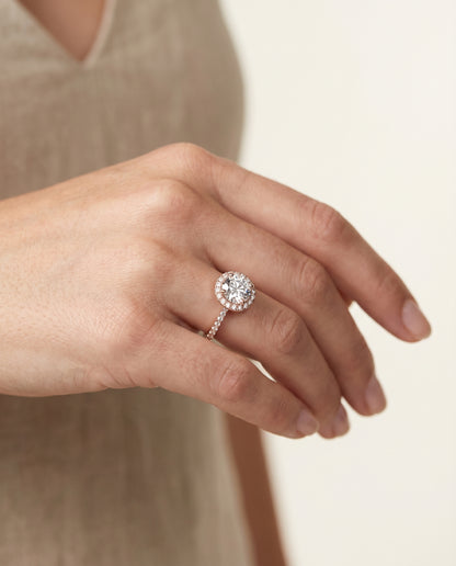 Round Brilliant, Diamond Pavé Halo, in 14K Rose Gold, pave setting – lifestyle shot | RockHer