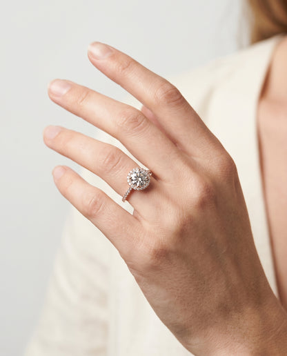Round Brilliant, Diamond Pavé Halo, in 14K Rose Gold, pave setting – lifestyle shot | RockHer