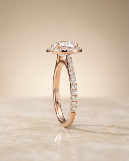 Dionne Select Diamond Pavé Halo Round Lab Diamond Engagement Ring in 14K Rose Gold, side view | RockHer