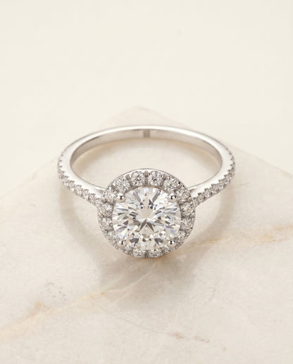 Round Brilliant, Diamond Pavé Halo, in Platinum, pave setting – angled view | RockHer