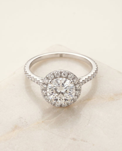Dionne Select Diamond Pavé Halo Round Lab Diamond Engagement Ring in 14K White Gold, alternate angle | RockHer