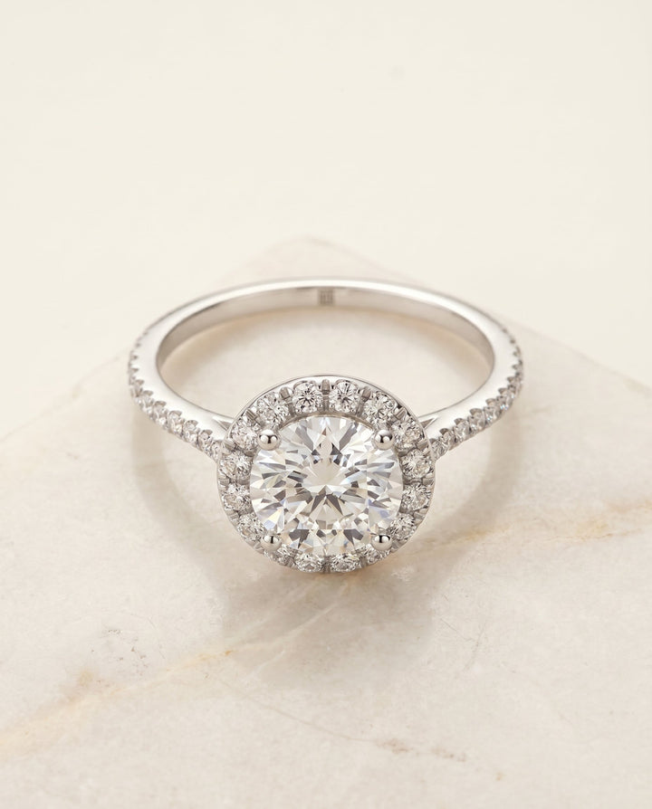 Dionne Select Diamond Pavé Halo Round Lab Diamond Engagement Ring in 14K White Gold, alternate angle | RockHer
