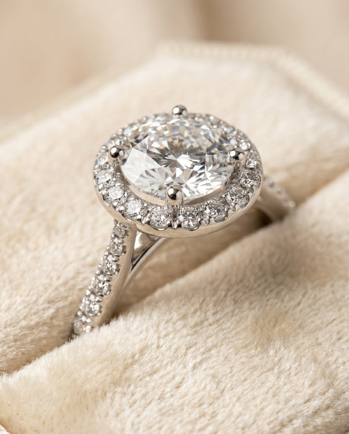 Dionne Select Diamond Pavé Halo Round Lab Diamond Engagement Ring in 14K White Gold, detail view | RockHer