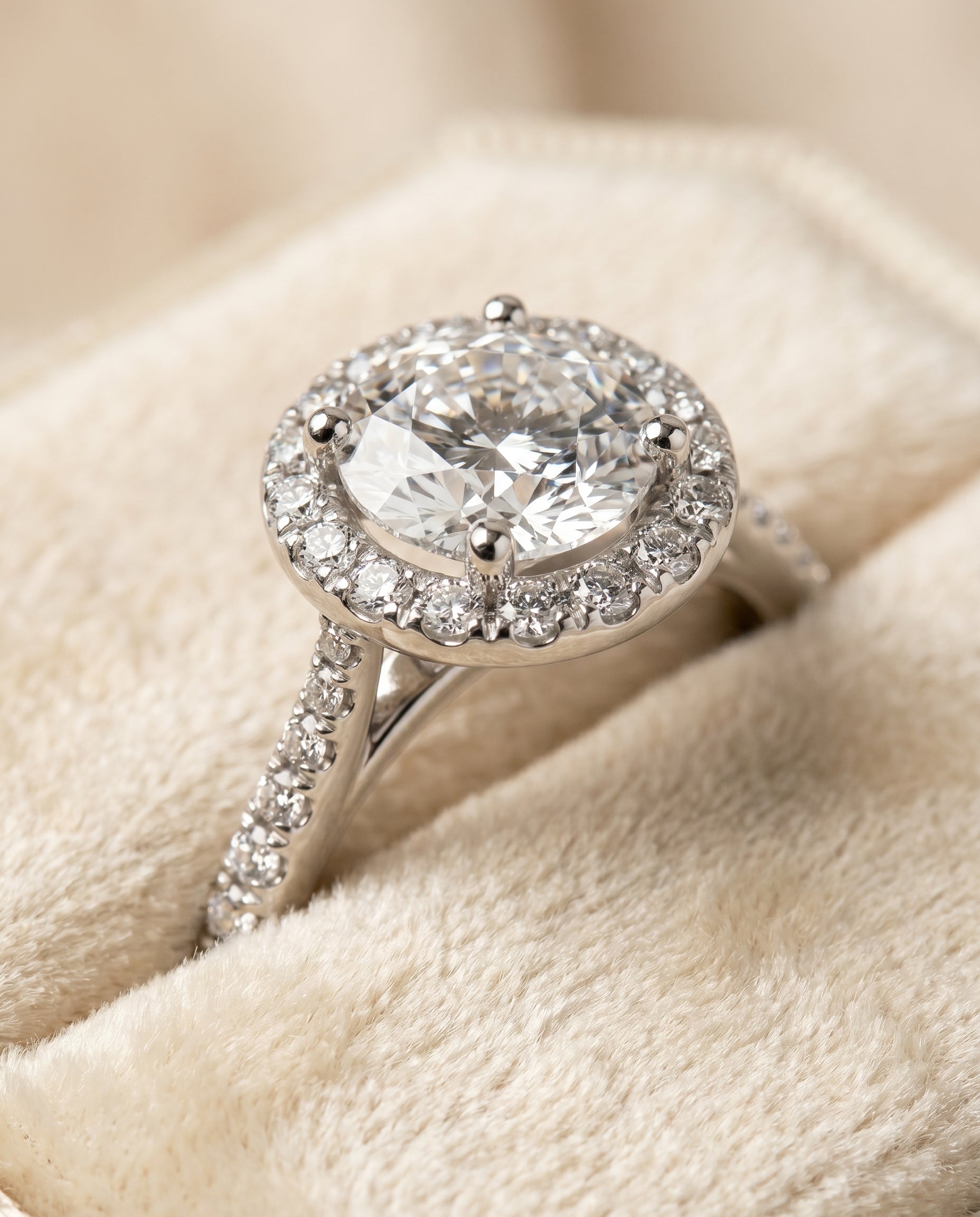 Dionne Select Diamond Pavé Halo Round Lab Diamond Engagement Ring in Platinum, detail view | RockHer