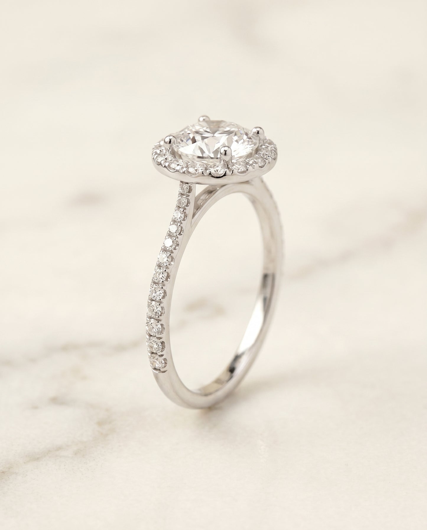 Round Brilliant, Diamond Pavé Halo, in Platinum, pave setting – front view | RockHer