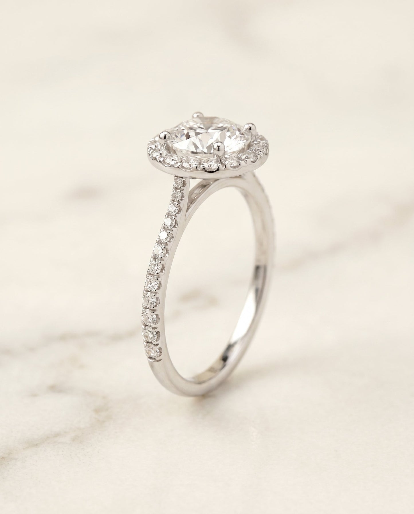 Dionne Select Diamond Pavé Halo Round Lab Diamond Engagement Ring in 14K White Gold, front view | RockHer