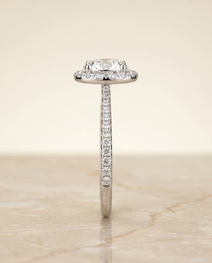 Round Brilliant, Diamond Pavé Halo, in Platinum, pave setting – side profile | RockHer