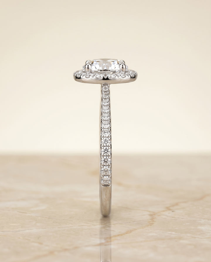 Round Brilliant, Diamond Pavé Halo, in Platinum, pave setting – side profile | RockHer