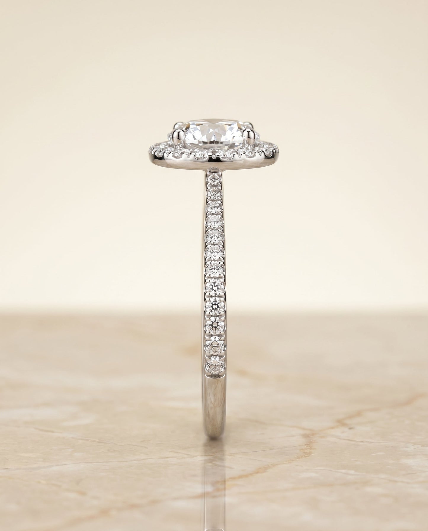 Dionne Select Diamond Pavé Halo Round Lab Diamond Engagement Ring in 14K White Gold, side view | RockHer