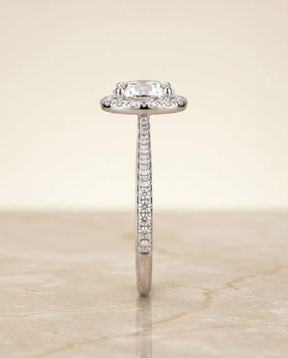 Dionne Select Diamond Pavé Halo Round Lab Diamond Engagement Ring in 14K White Gold, side view | RockHer