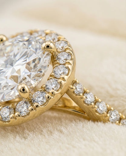 Round Brilliant, Diamond Pavé Halo, in 18K Yellow Gold, pave setting – detail view | RockHer
