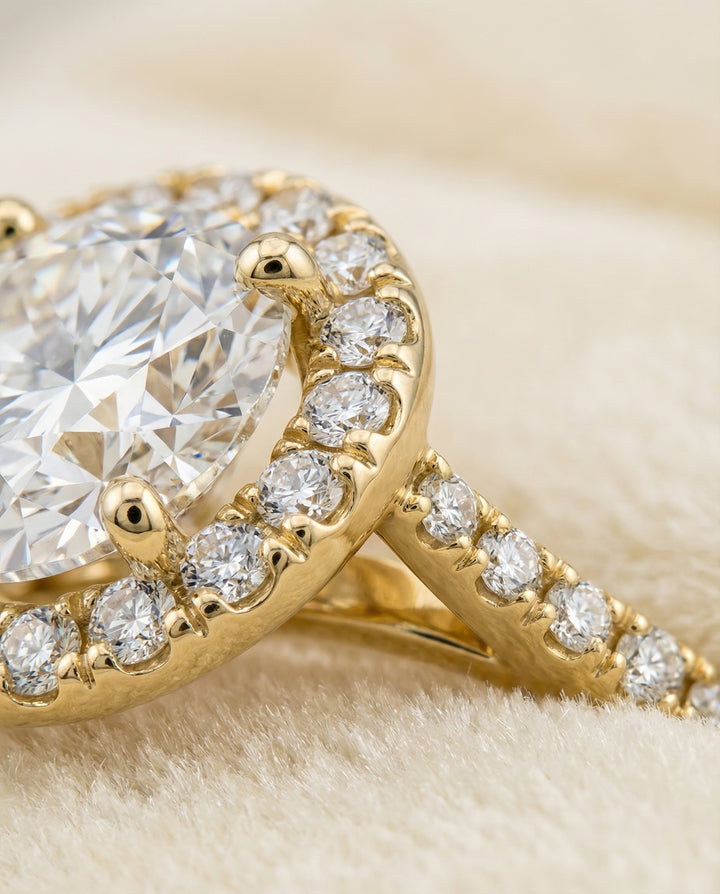 Round Brilliant, Diamond Pavé Halo, in 18K Yellow Gold, pave setting – detail view | RockHer
