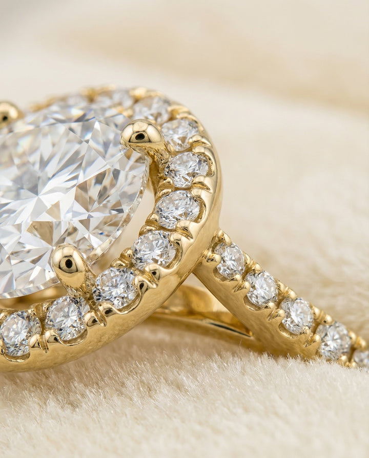 Dionne Select diamond pavé halo round ring in 18K Yellow Gold — detail — RockHer