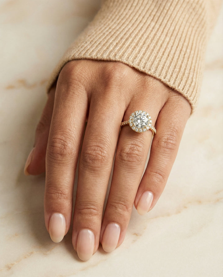 Dionne Select diamond pavé halo round ring in 18K Yellow Gold — front — RockHer